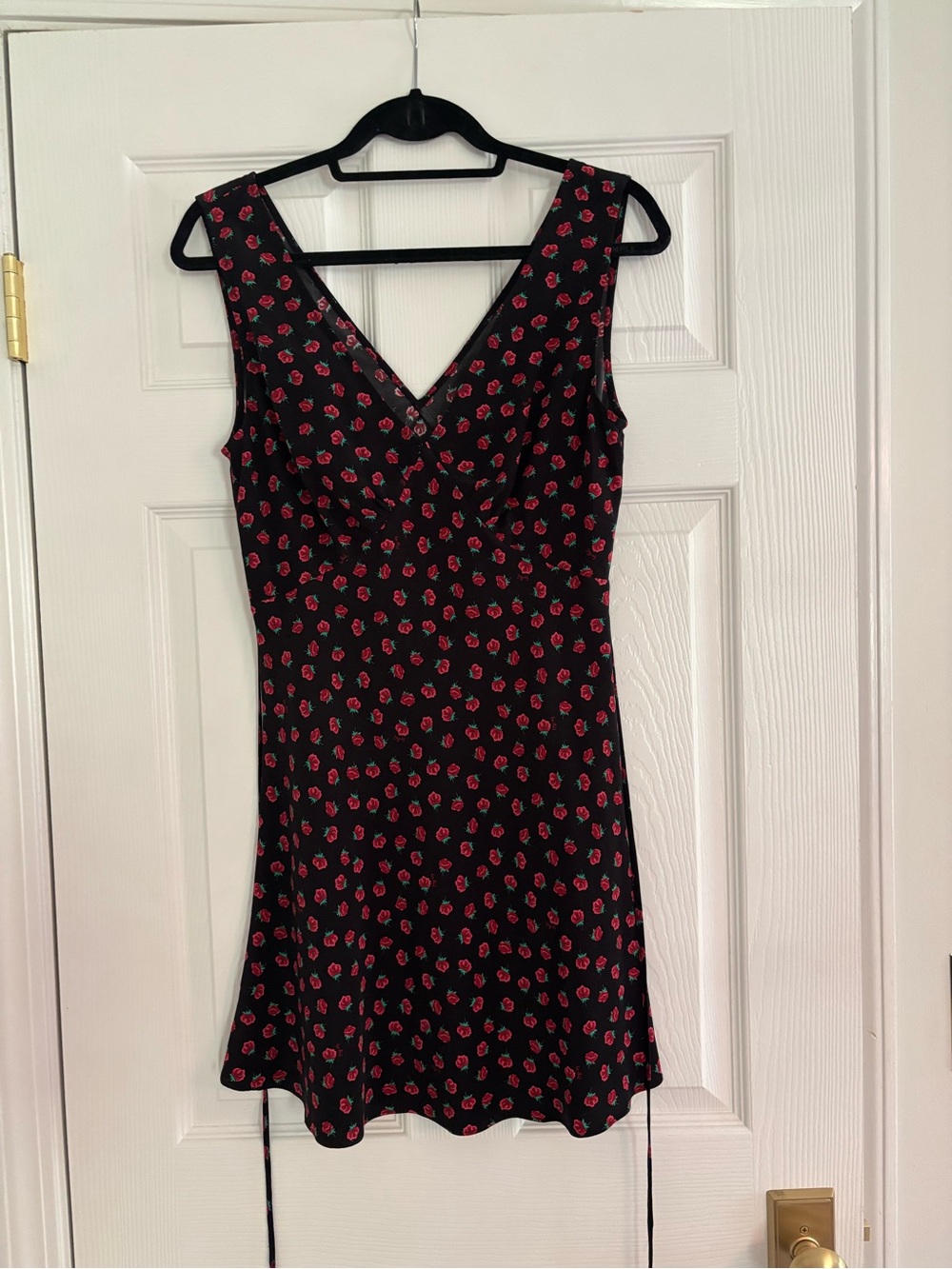 Realisation Par Black Mini Dress with Red Rose Print V-Neck